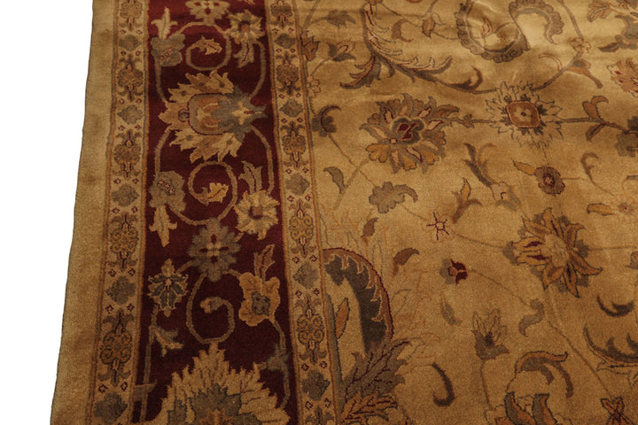 10x14 Light Gold, Maroon, Sage Color Hand Knotted Agra Wool Traditional Oriental Rug