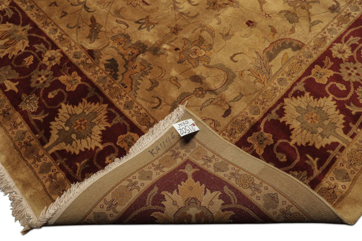 10x14 Light Gold, Maroon, Sage Color Hand Knotted Agra Wool Traditional Oriental Rug
