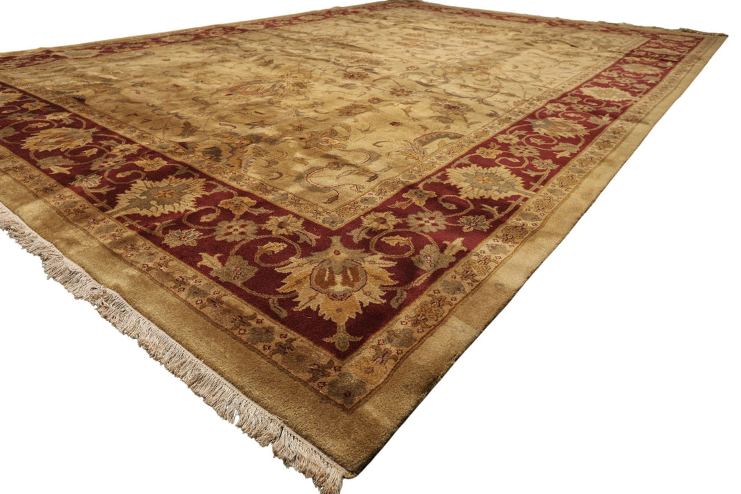 10x14 Light Gold, Maroon, Sage Color Hand Knotted Agra Wool Traditional Oriental Rug