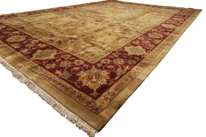 10x14 Light Gold, Maroon, Sage Color Hand Knotted Agra Wool Traditional Oriental Rug