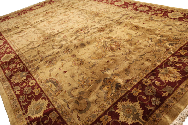 10x14 Light Gold, Maroon, Sage Color Hand Knotted Agra Wool Traditional Oriental Rug