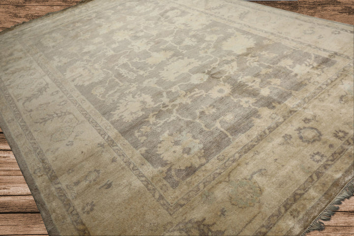 9x12 Gray, Ivory, taupe Color Hand Knotted Oushak New Zealand Wool Transitional Oriental Rug