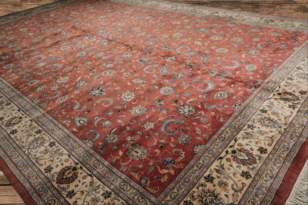 12x18 Rose, Ivory, Blue Color Hand Knotted Kashan wool Traditional Oriental Rug