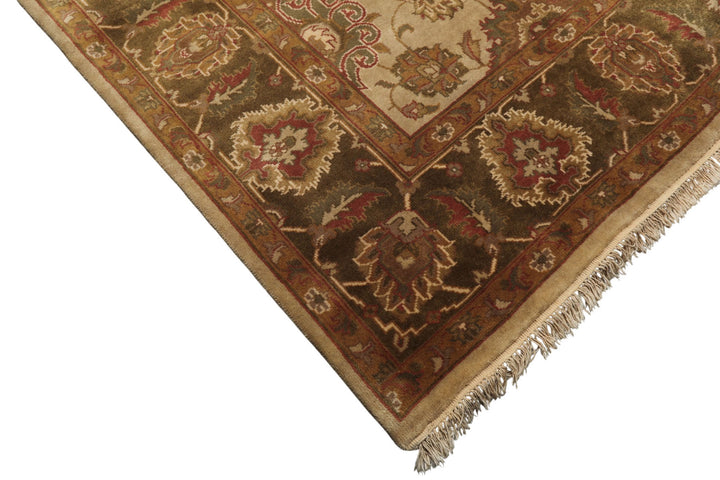 8x10 Beige, Green, Rose Color Hand Knotted Agra Wool Traditional Oriental Rug