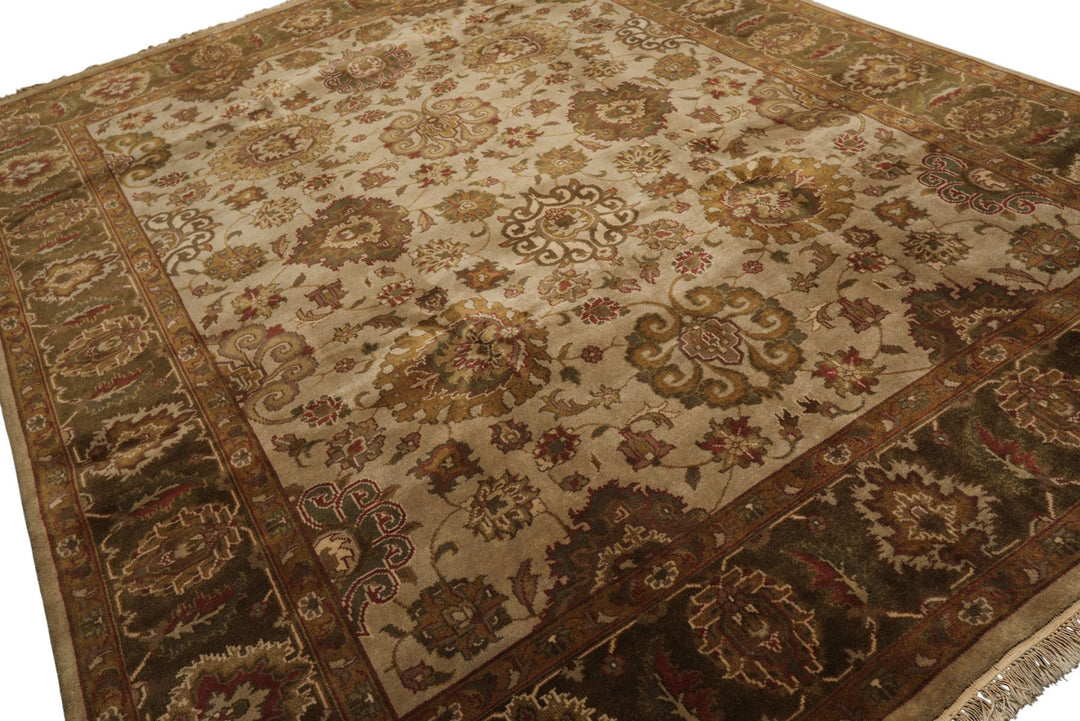 8x10 Beige, Green, Rose Color Hand Knotted Agra Wool Traditional Oriental Rug