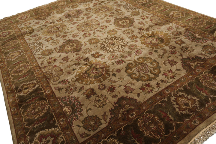 8x10 Beige, Green, Rose Color Hand Knotted Agra Wool Traditional Oriental Rug
