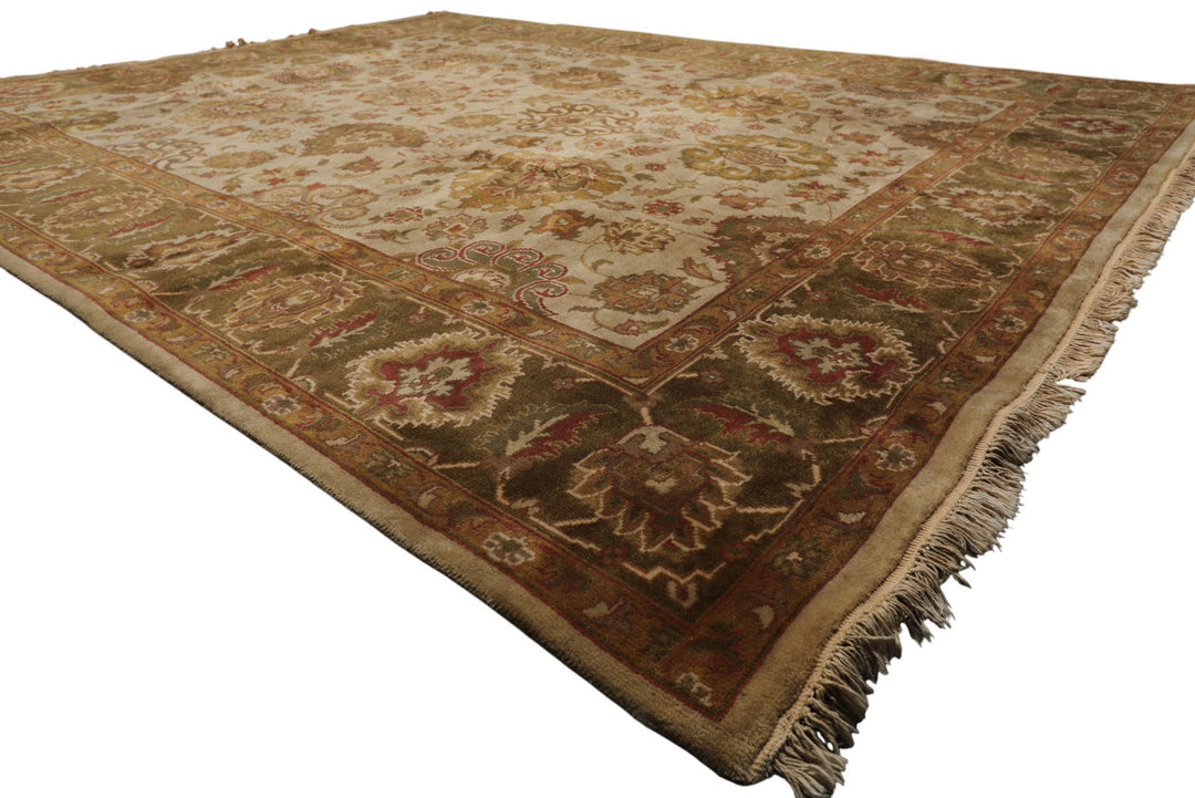 8x10 Beige, Green, Rose Color Hand Knotted Agra Wool Traditional Oriental Rug