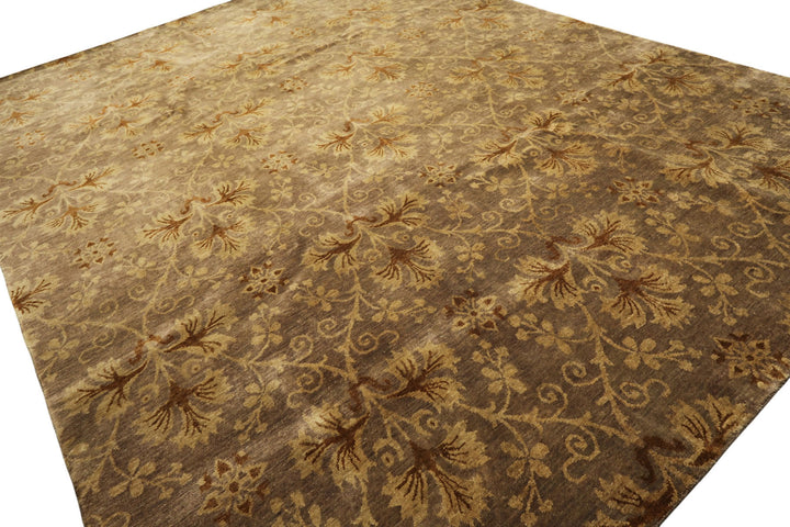 9x12 Taupe, Brown, Gold Color Hand Knotted Tibetan Wool Transitional Oriental Rug