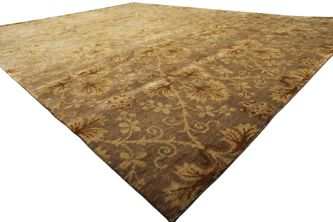 9x12 Taupe, Brown, Gold Color Hand Knotted Tibetan Wool Transitional Oriental Rug