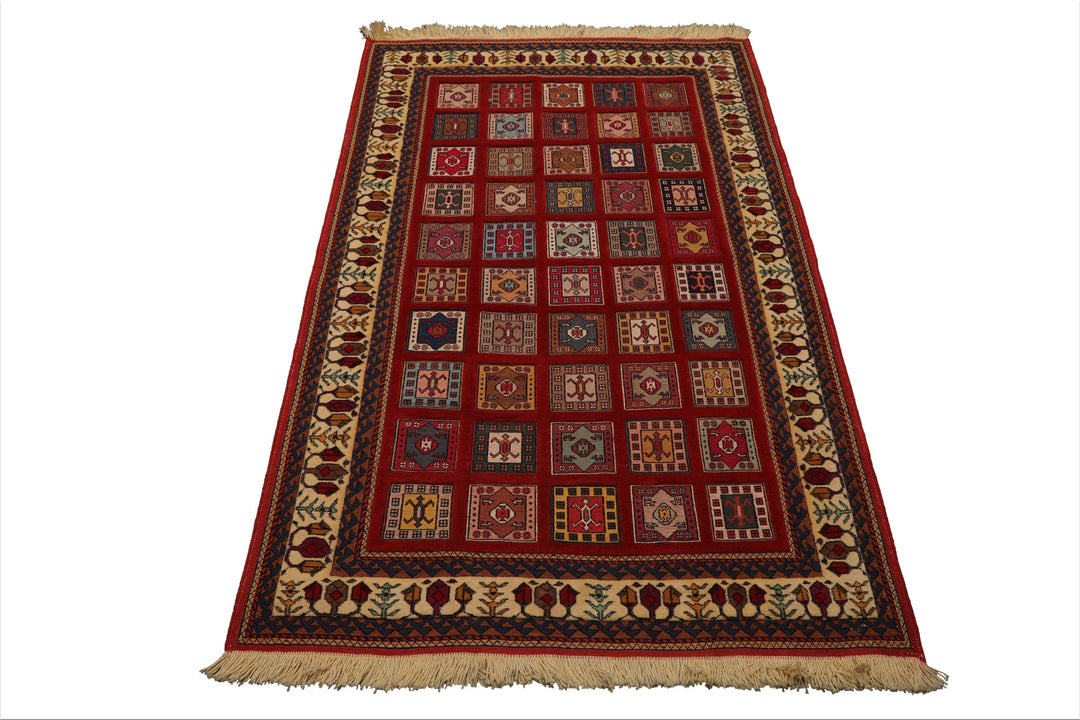 4x6 Rust, Ivory, Blue Color Hand Knotted Shiraz Wool Traditional Oriental Rug