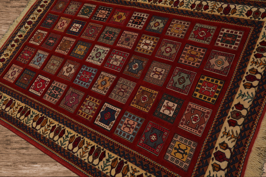 4x6 Rust, Ivory, Blue Color Hand Knotted Shiraz Wool Traditional Oriental Rug
