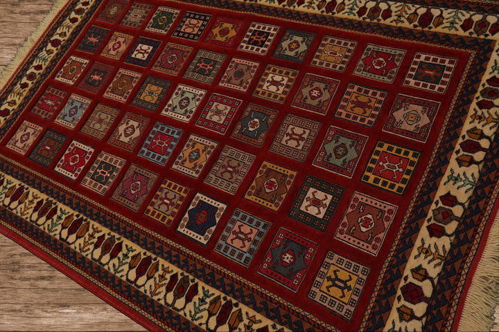 4x6 Rust, Ivory, Blue Color Hand Knotted Shiraz Wool Traditional Oriental Rug
