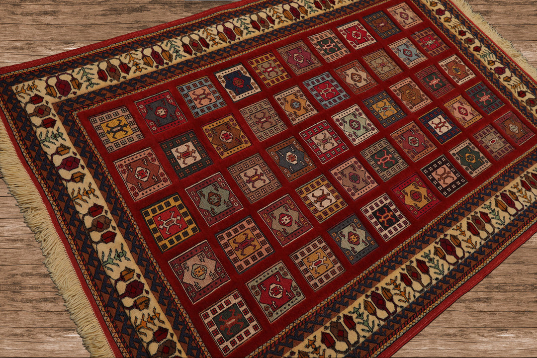 4x6 Rust, Ivory, Blue Color Hand Knotted Shiraz Wool Traditional Oriental Rug
