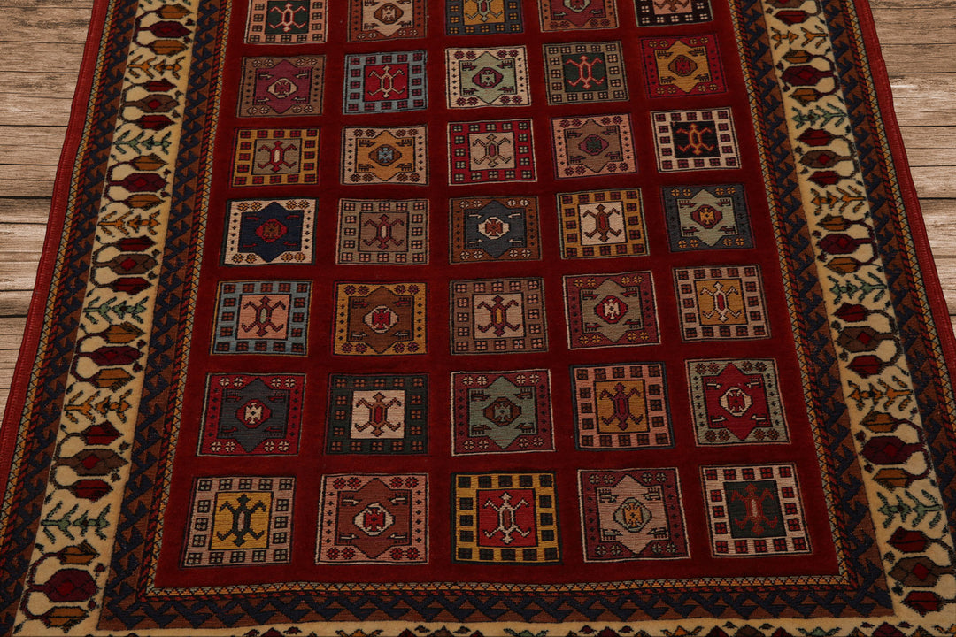 4x6 Rust, Ivory, Blue Color Hand Knotted Shiraz Wool Traditional Oriental Rug