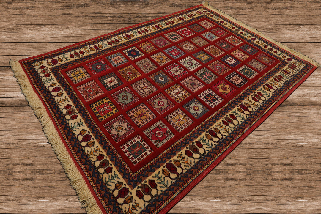 4x6 Rust, Ivory, Blue Color Hand Knotted Shiraz Wool Traditional Oriental Rug