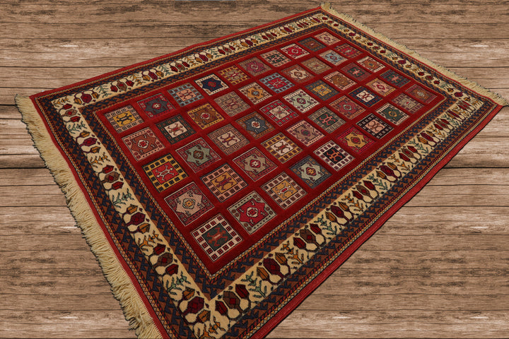 4x6 Rust, Ivory, Blue Color Hand Knotted Shiraz Wool Traditional Oriental Rug