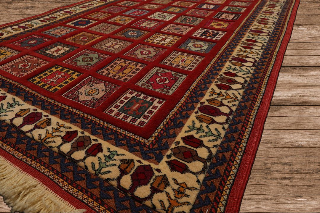 4x6 Rust, Ivory, Blue Color Hand Knotted Shiraz Wool Traditional Oriental Rug