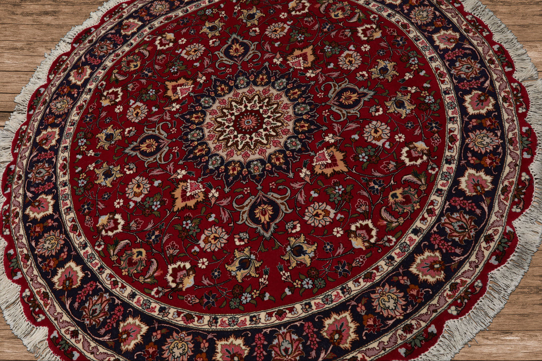 Round Burgundy, Navy, Ivory Color Hand Knotted Tabriz Round Wool Traditional Oriental Rug