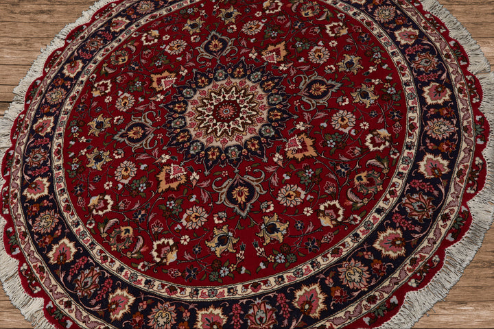 Round Burgundy, Navy, Ivory Color Hand Knotted Tabriz Round Wool Traditional Oriental Rug