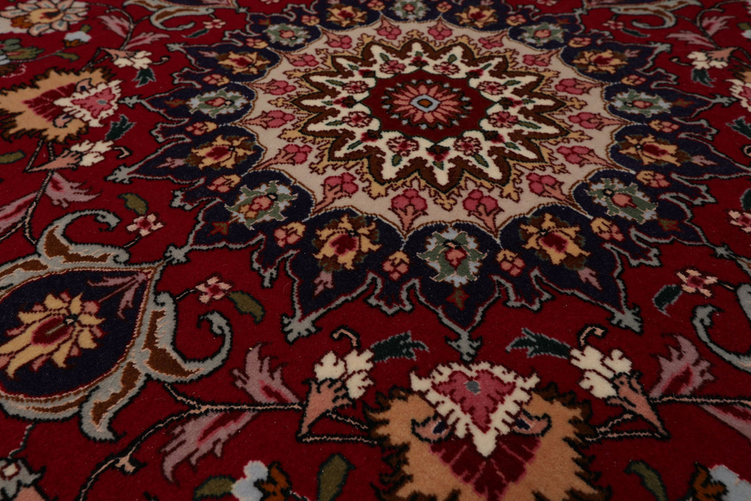 Round Burgundy, Navy, Ivory Color Hand Knotted Tabriz Round Wool Traditional Oriental Rug