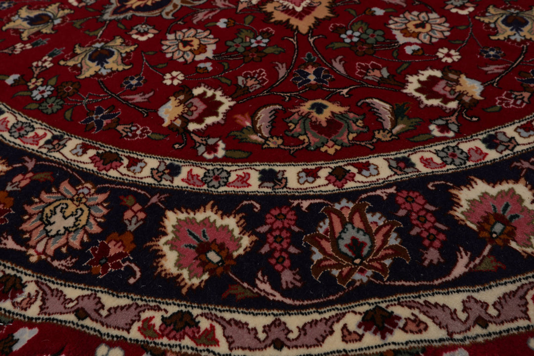 Round Burgundy, Navy, Ivory Color Hand Knotted Tabriz Round Wool Traditional Oriental Rug