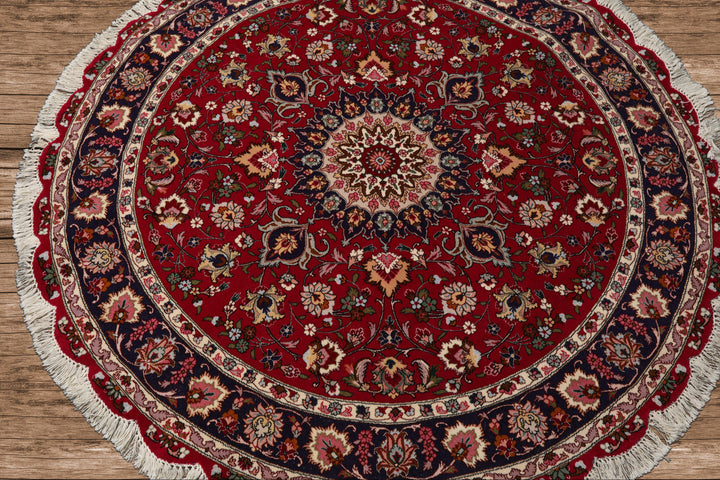 Round Burgundy, Navy, Ivory Color Hand Knotted Tabriz Round Wool Traditional Oriental Rug
