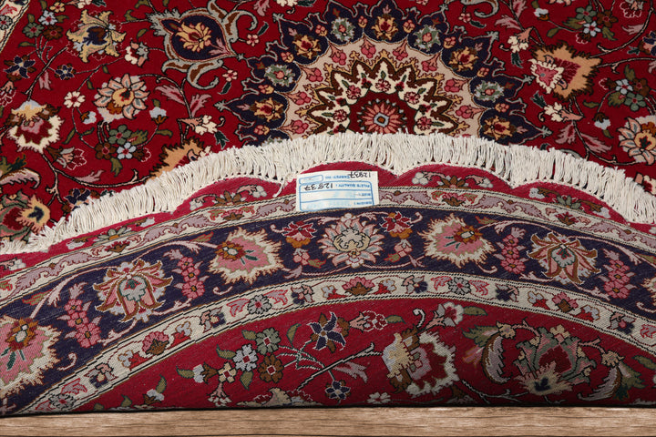 Round Burgundy, Navy, Ivory Color Hand Knotted Tabriz Round Wool Traditional Oriental Rug