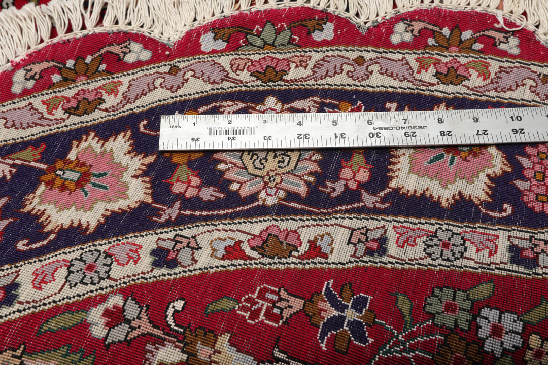 Round Burgundy, Navy, Ivory Color Hand Knotted Tabriz Round Wool Traditional Oriental Rug