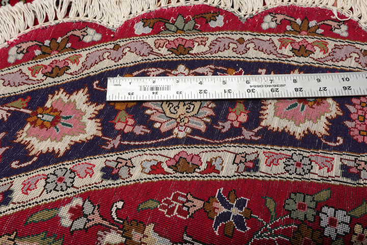 Round Burgundy, Navy, Ivory Color Hand Knotted Tabriz Round Wool Traditional Oriental Rug