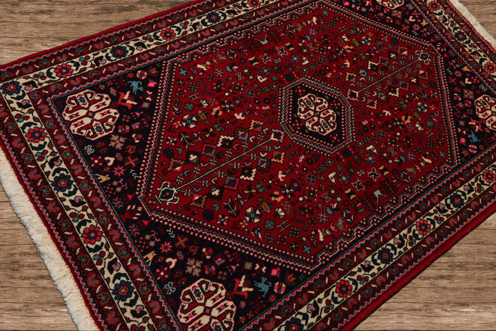 3x5 Red, Navy, Ivory Color Hand Knotted Abadeh Wool & Silk Traditional Oriental Rug