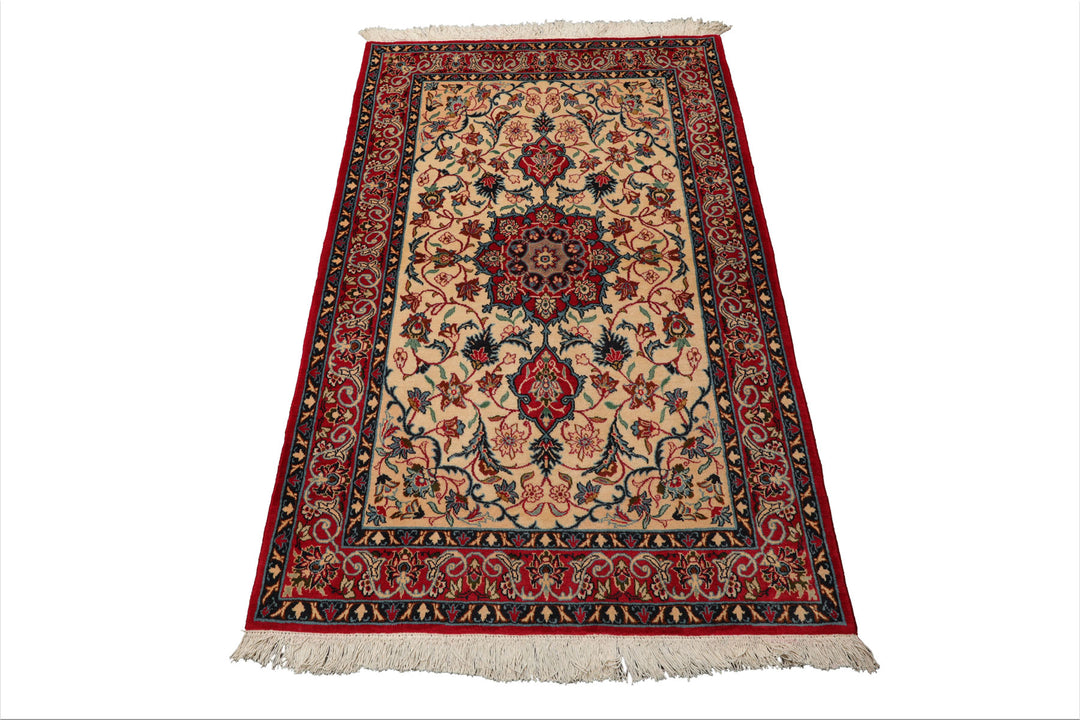 3x5 Beige, Red, Blue Color Hand Knotted Espahan Wool Traditional Oriental Rug