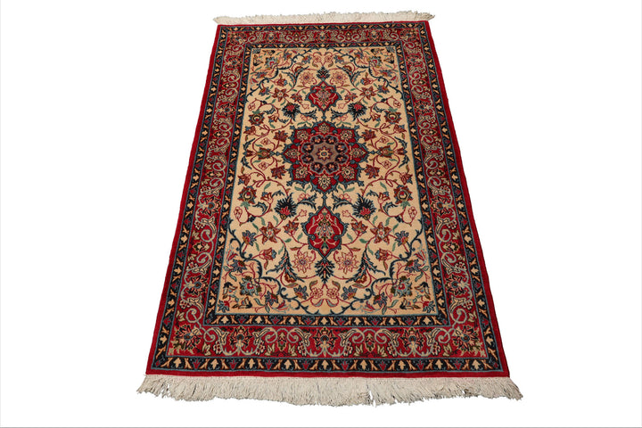 3x5 Beige, Red, Blue Color Hand Knotted Espahan Wool Traditional Oriental Rug