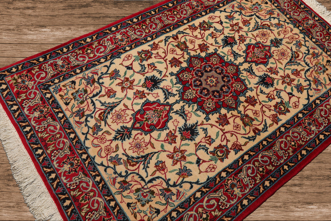 3x5 Beige, Red, Blue Color Hand Knotted Espahan Wool Traditional Oriental Rug
