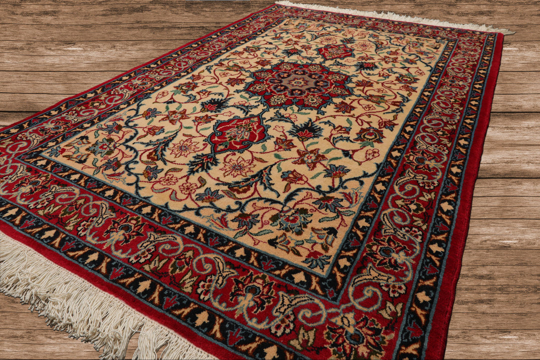 3x5 Beige, Red, Blue Color Hand Knotted Espahan Wool Traditional Oriental Rug