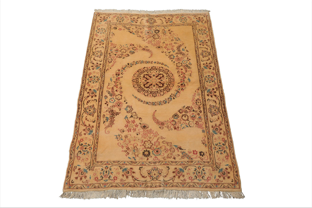 3x5 Beige, Brown, Rose Color Hand Knotted Nain Wool Traditional Oriental Rug