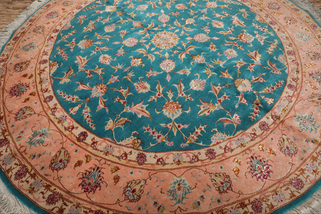 Round Turquoise, Rose, Beige Color Hand Knotted Tabriz Round Wool & Silk Traditional Oriental Rug