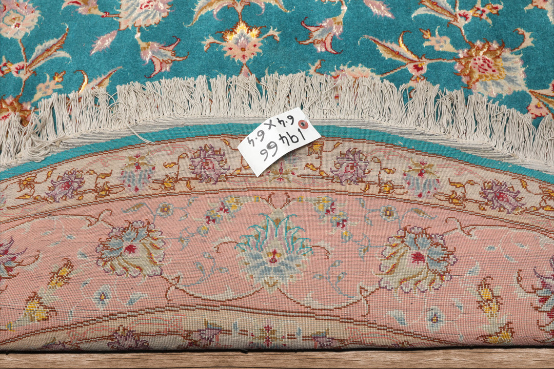 Round Turquoise, Rose, Beige Color Hand Knotted Tabriz Round Wool & Silk Traditional Oriental Rug