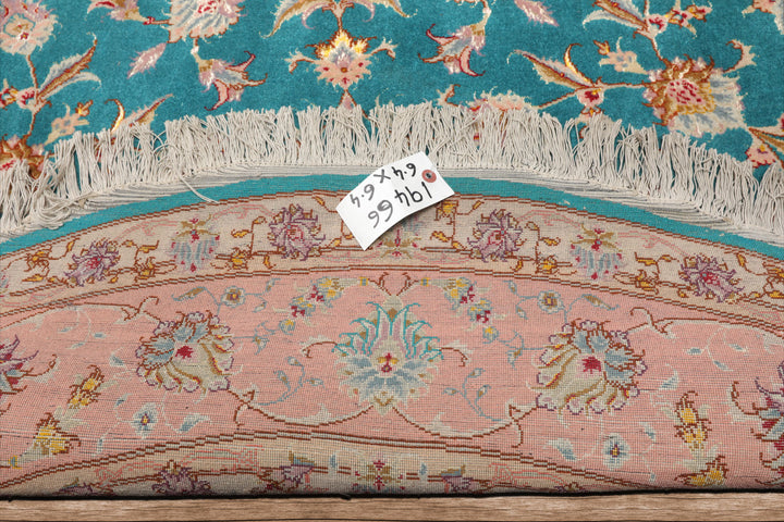 Round Turquoise, Rose, Beige Color Hand Knotted Tabriz Round Wool & Silk Traditional Oriental Rug