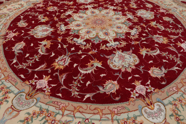Round Red, Ivory, Peach Color Hand Knotted Tabriz Round Wool & Silk Traditional Oriental Rug