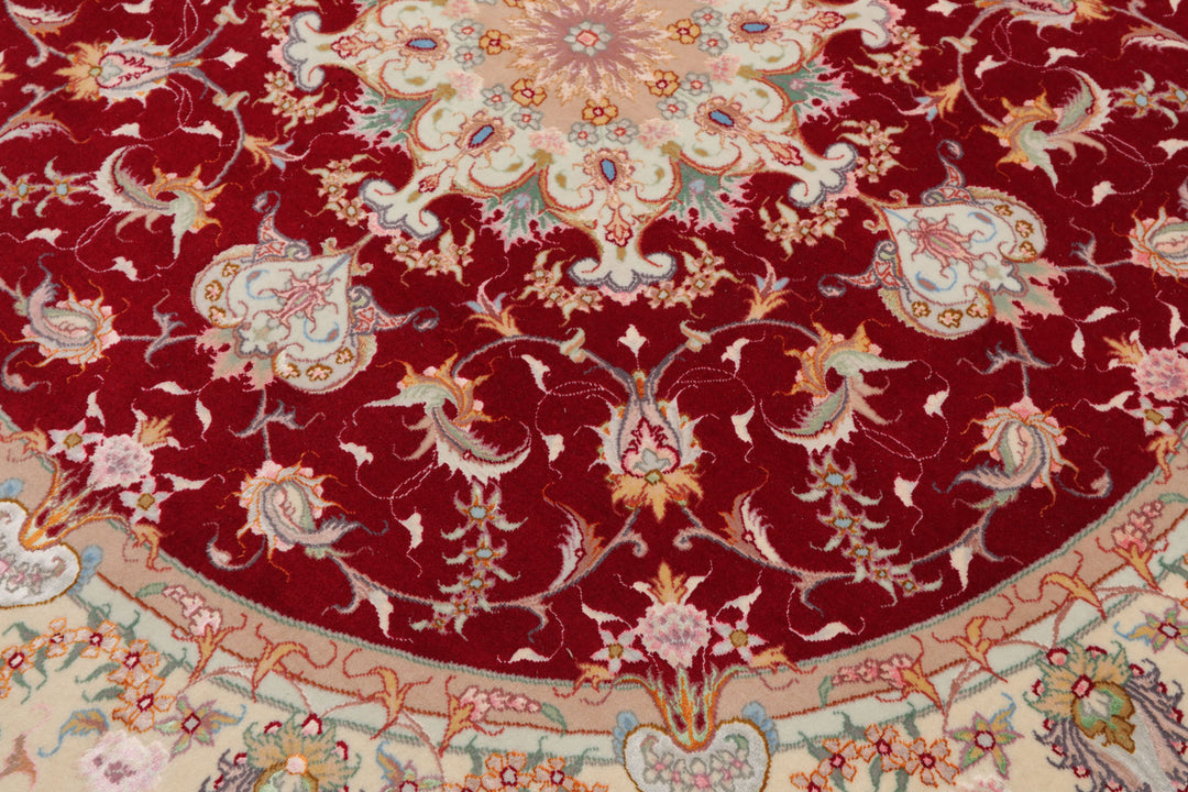 Round Red, Ivory, Peach Color Hand Knotted Tabriz Round Wool & Silk Traditional Oriental Rug