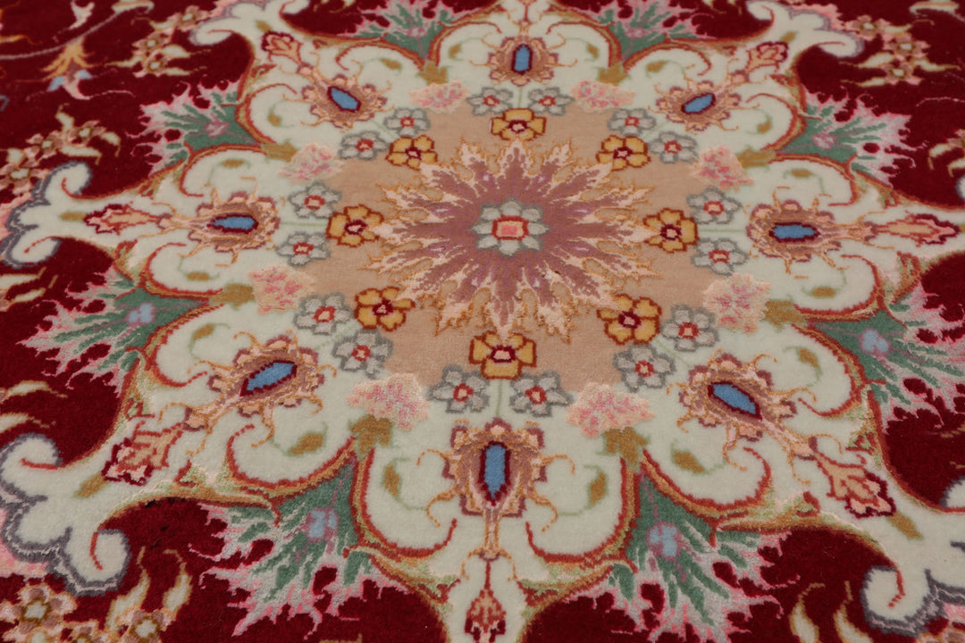 Round Red, Ivory, Peach Color Hand Knotted Tabriz Round Wool & Silk Traditional Oriental Rug