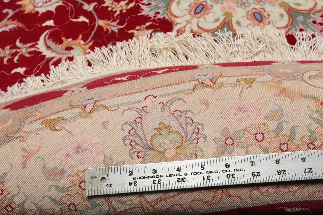 Round Red, Ivory, Peach Color Hand Knotted Tabriz Round Wool & Silk Traditional Oriental Rug