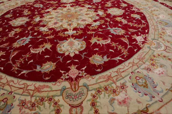Round Red, Ivory, Blue Color Hand Knotted Tabriz Round Wool & Silk Traditional Oriental Rug