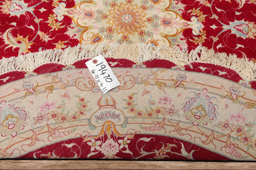 Round Red, Ivory, Blue Color Hand Knotted Tabriz Round Wool & Silk Traditional Oriental Rug