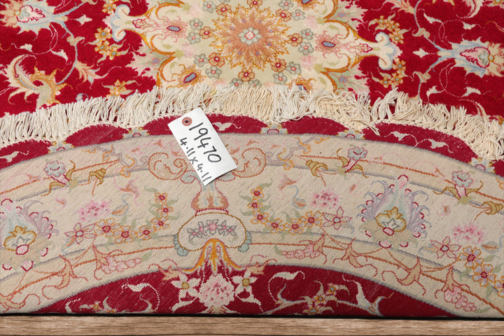 Round Red, Ivory, Blue Color Hand Knotted Tabriz Round Wool & Silk Traditional Oriental Rug