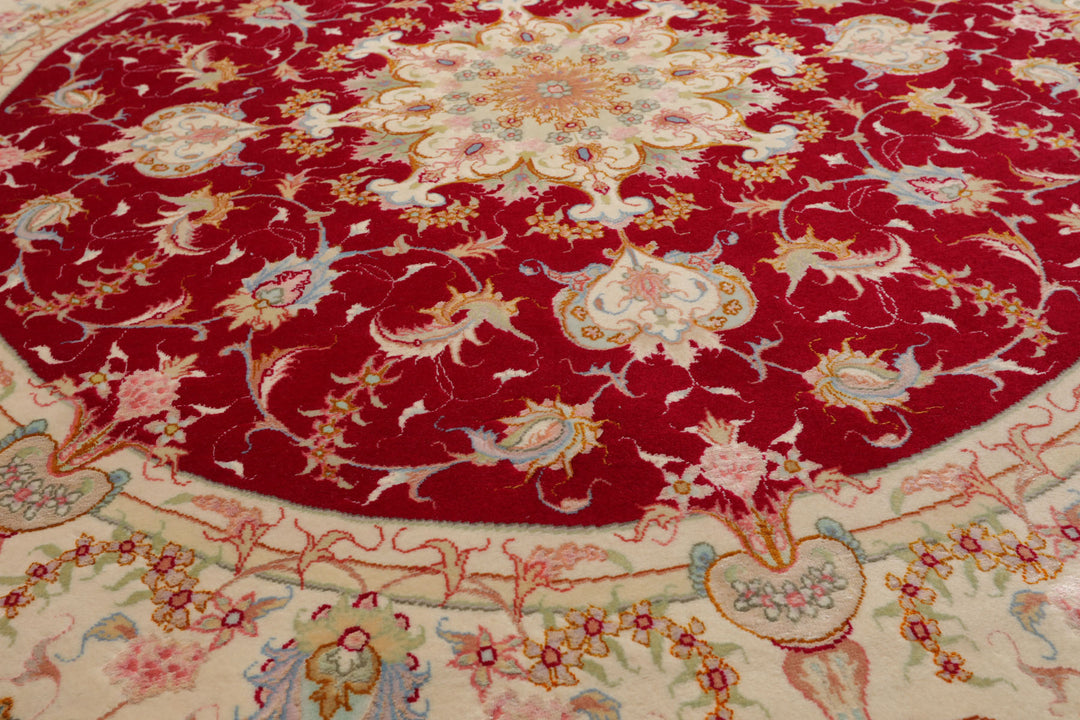 Round Red, Ivory, Blue Color Hand Knotted Tabriz Round Wool & Silk Traditional Oriental Rug