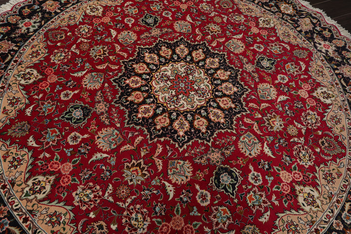 Round Fuschia, Midnight Blue, Ivory Color Hand Knotted Tabriz Round Wool & Silk Traditional Oriental Rug