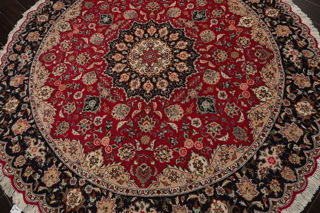 Round Fuschia, Midnight Blue, Ivory Color Hand Knotted Tabriz Round Wool & Silk Traditional Oriental Rug