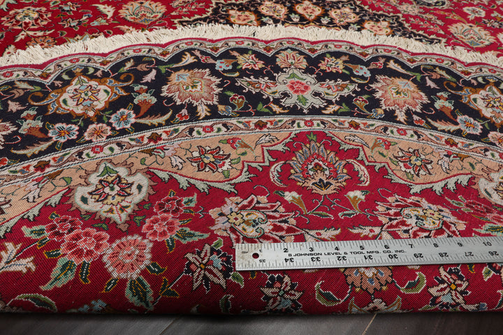 Round Fuschia, Midnight Blue, Ivory Color Hand Knotted Tabriz Round Wool & Silk Traditional Oriental Rug