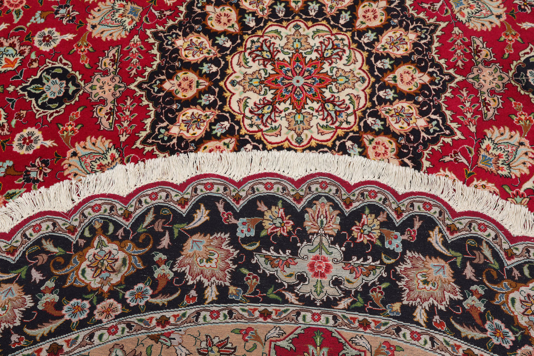 Round Fuschia, Midnight Blue, Ivory Color Hand Knotted Tabriz Round Wool & Silk Traditional Oriental Rug